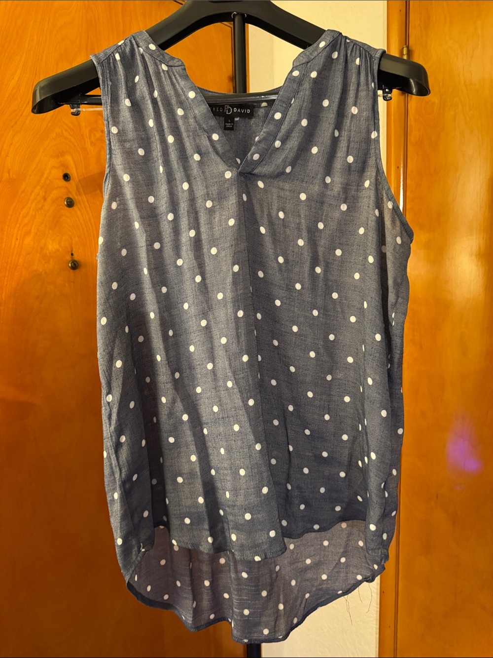 Fred David Blue and White Polka Dot Sleeveless V-Neck Camisole